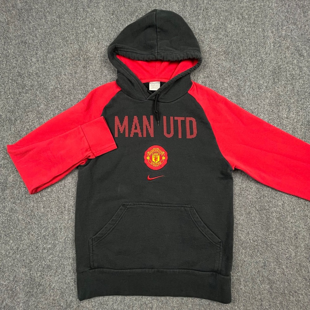 VTG Nike Manchester United Hoodie Mens‎ S Black Red Raglan Pullover Soccer Y2K